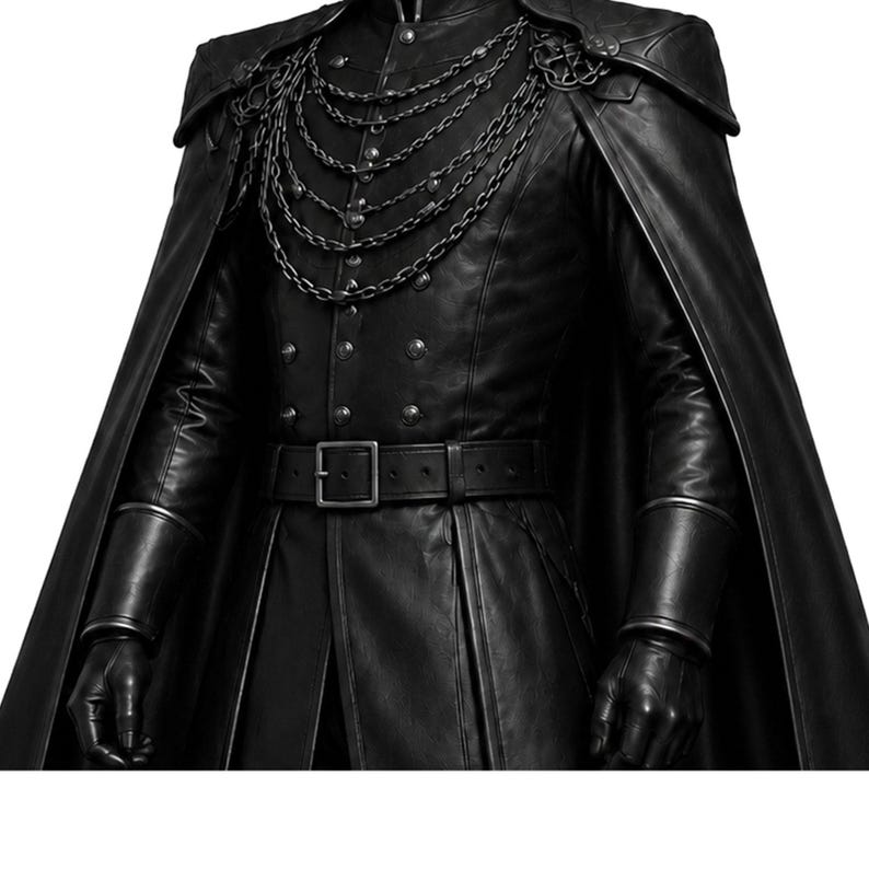 May include: Black leather coat with a cape, featuring a high collar, decorative chain, and a belt with a square buckle. The coat has multiple buttons and fitted sleeves, creating a gothic or steampunk aesthetic.