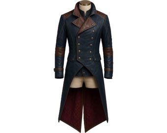 Handmade Steampunk Gothic Blue Leather Trench Coat: Cosplay Overcoat