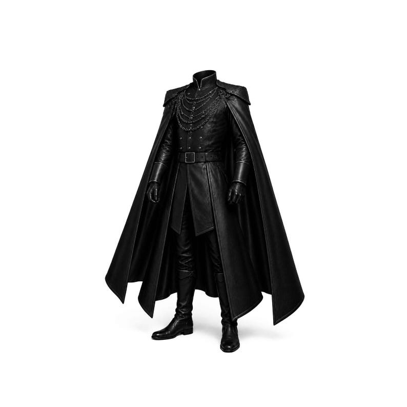 May include: A black costume ensemble featuring a long coat with a cape, high collar, and decorative chain. The outfit includes matching pants, boots, and gloves. The coat is cinched at the waist with a belt.