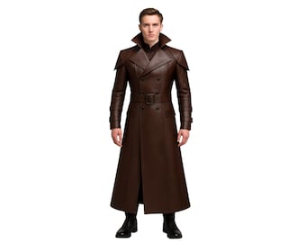 Men's Handmade Gothic Genuine Leather Trench Coat: Double-Breasted Duster Jacket