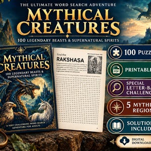 以下が含まれることがあります： 「Mythical Creatures: 100 Legendary Beasts & Supernatural Spirits」というタイトルのワードサーチブック。表紙にはドラゴン、グリフィン、ユニコーンが描かれています。100個のパズル、印刷可能なPDF、文字ベースのチャレンジ、解答が含まれています。