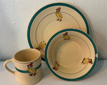 Roseville Pottery Creamware Duck Mug Bowl and Plate Set
