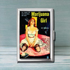 marijuana Girl Lesbian LGBTQ Art Vintage Cigarette Case Business Card ID Holder Wallet Deco Floral Celestial