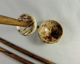 Neolithic Form Spindle Set with a Stoneware Whorl & three Oaken Spindle Sticks 11" long...and matching 2" bowl