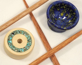 Holly & Turquoise 5-piece European Low Whorl Spindle set. and Porcelain Bowl.