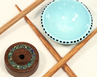 Walnut & Azurite 5-piece European Low Whorl Spindle set. and Porcelain Bowl.