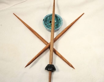 The Greenlander, Greenland Norse Form Spindle with a Steatite Whorl & three Hardwood Spindle Sticks 11" long...and 2" bowl
