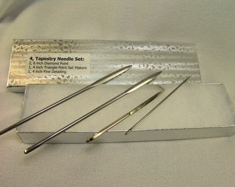 Tapestry Needle Kit: 4 Needles including two heavy 6 inch diamond profile needles, one heavy 4 inch sailmakers needle and one 4 inch med.