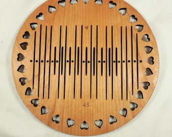 Circular Slotted Pick Up Rigid Heddle with 43 Warp Threads and 32 Heart Cutouts, 9 Pattern Thread Slots. Single Slot Center