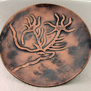 Hedge Witches Copper Offering Bowl with Graven Images... 3.5&quot; across and 1&quot; Tall, Megaloceros Giganteus from Lascaux