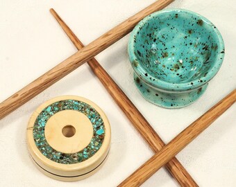 Holly & Turquoise 5-piece European Low Whorl Spindle set. and Porcelain Bowl.