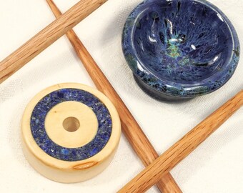 Holly & Lapis Lazuli 5-piece European Low Whorl Spindle set. and Porcelain Bowl.