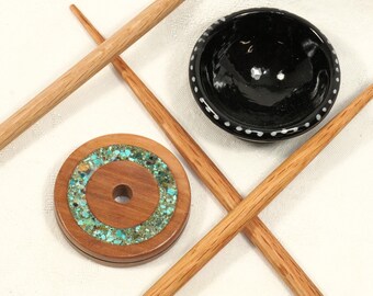 Apple & Turquoise 5-piece European Low Whorl Spindle set. and Porcelain Bowl.