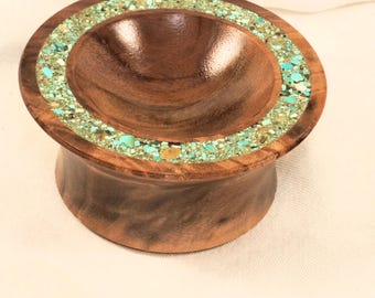 Spindle Bowl: Black Walnut with a Real Turquoise Eternity Ring