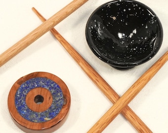 Apple & Lapis Lazuli 5-piece European Low Whorl Spindle set. and Porcelain Bowl.