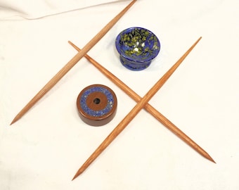 Walnut & Lapis Lazuli 5-piece European Low Whorl Spindle set. and Porcelain Bowl.
