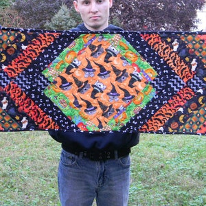 HAPPY HALLOWEEN  Quilted Table Runner, with  witches, cats. ghosts o my.