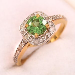 Gold Plated Sterling Silver Tsavorite Ring: Pave Diamond Engagement Jewelry
