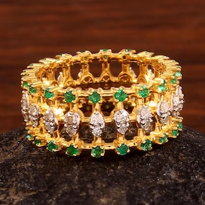 Gold Plated 925 Sterling Silver Ring: Natural Emerald & Diamond Statement