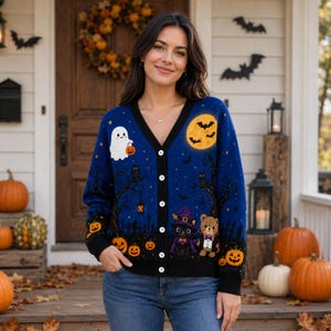 Blue Halloween Cardigan Jacket, Ghost Black Cat Vampire Bear, Full Moon Pumpkin Fall Sweater