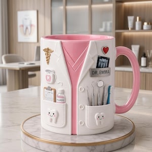 May include: A ceramic mug designed to resemble a dentist's lab coat, featuring a pink interior and handle. The white coat design includes pockets with dental tools, a heart, and the name "Dr. Emma". Decorative elements include a caduceus and a smiling tooth.