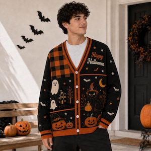 May include: A black V-neck button-down cardigan featuring an orange and black buffalo plaid pattern on the upper left, with Halloween motifs including ghosts, a haunted house, a cat in a witch hat, pumpkins, and the text Happy Halloween.