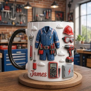 May include: White ceramic mug with a black handle and rim, featuring a blue work uniform, tools, and the name "James" in red script. Includes a red hard hat, safety glasses, and a drill. The mug sits on a wooden coaster.