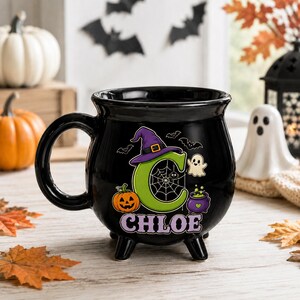 Halloween Monogram Cauldron Ceramic Mug, Witch Hat Letter C, Ghost Pumpkin Name Coffee Cup