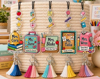 Back To School Teacher ID Holder With Lanyard, Custom Name School Supply Acrylic Charm With Tassel