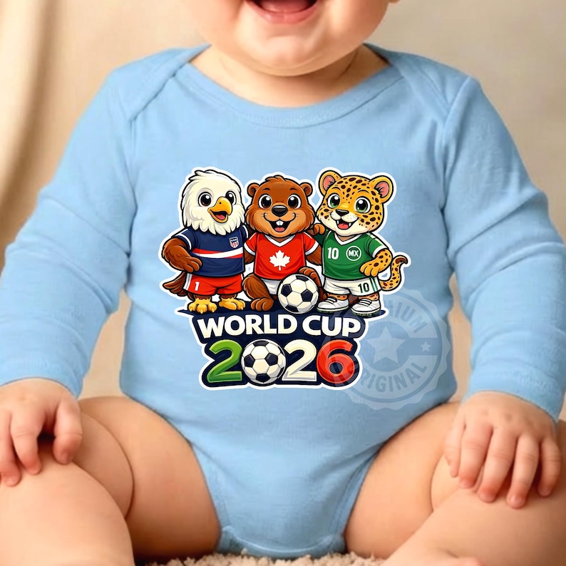 May include: A light blue baby bodysuit with a graphic of three cartoon animals in football kits. The eagle, bear, and jaguar stand with a football, with the text "WORLD CUP 2026" below them.