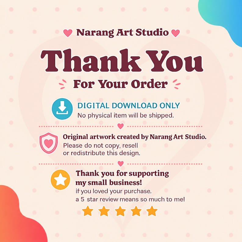 May include: A digital download thank you card from Narang Art Studio. The card features a heart-shaped design with the words "Thank You For Your Order" in a burgundy font. Additional text includes "DIGITAL DOWNLOAD ONLY" and a message about supporting the small business.