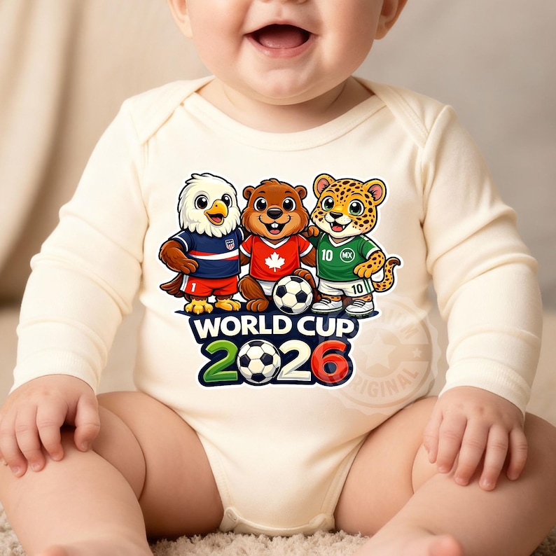 May include: A cream baby bodysuit with a graphic of three cartoon mascots representing the USA, Canada, and Mexico, each wearing a football jersey and standing with a football. The text "WORLD CUP 2026" is printed below the mascots.