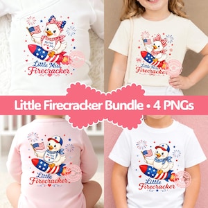 May include: Four PNG images showcasing a cartoon duckling on a rocket, holding a flag, and wearing a patriotic hat and scarf. The text "Little Miss Firecracker" is displayed on the images, ideal for celebrating the 4th of July.