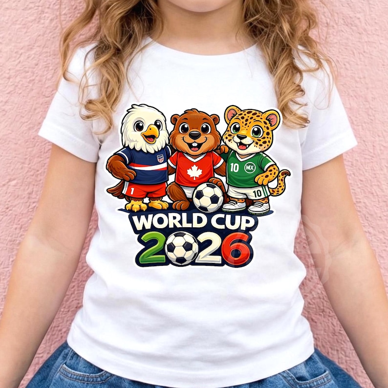 May include: White t-shirt with cartoon mascots of the USA, Canada, and Mexico, each in a jersey and holding a football. The shirt has the text "WORLD CUP 2026" in green, black, and red. The shirt is worn by a child.
