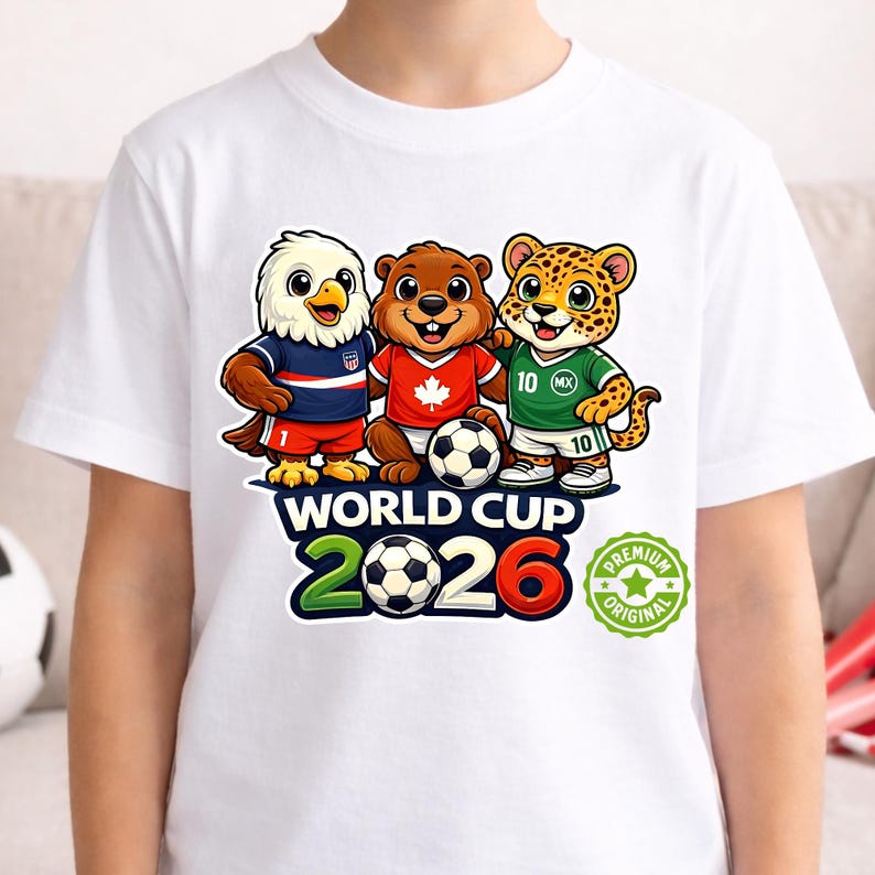 May include: White t-shirt with three cartoon mascots in football jerseys: an eagle, a beaver, and a jaguar, with a football. The shirt displays "WORLD CUP 2026" and a "Premium Original" badge.