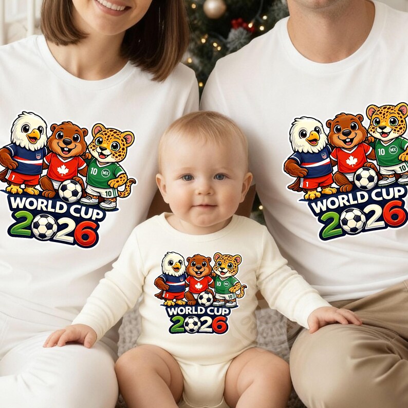 May include: White t-shirts and a baby onesie with a cartoon design of an eagle, a bear, and a leopard in soccer kits. The text "WORLD CUP 2026" is printed below the characters, with a football graphic.