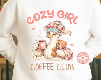 Cozy Girl Coffee Club PNG | Aesthetic Coffee Lover Shirt Design | Cute Goose Cafe Vibe Graphic | Soft Girl Digital Download