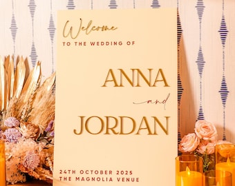 Letrero de bienvenida para boda / Letrero de entrada personalizado / Decoración para bodas y eventos / Letrero de recepción con letras doradas en 3D / Letrero de bienvenida moderno