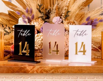 Wedding Table Numbers - White, Black, Frosted Acrylic 3D Gold Mirror Table Signs - Wedding Table Decor - Table Numbers with Stands