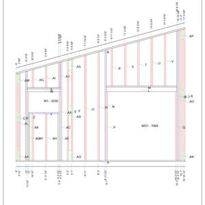 Puede incluir: Plano arquitectónico de una casa pequeña, titulado "Muro A (página 1 de 2)". El dibujo presenta medidas detalladas en pulgadas y fracciones, con varios elementos estructurales etiquetados con letras y números. El título "Tiny Home" está en la parte inferior.