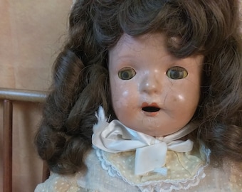 Antique American Doll Co//Creepy Cute//18 1/2" Composition & Cloth Doll Dress in Yellow//Doll in Decay//Sold As-Is