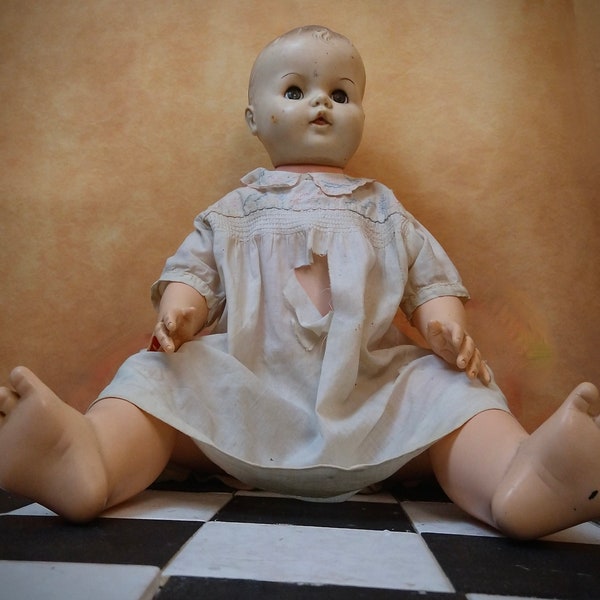 Mid-Century 23" Drink then Wets Doll//Creepy Culture//Scary Cute Baby in Tattered Nighty//Sold As-Is//Horror Prop//I Love My Creepy Doll