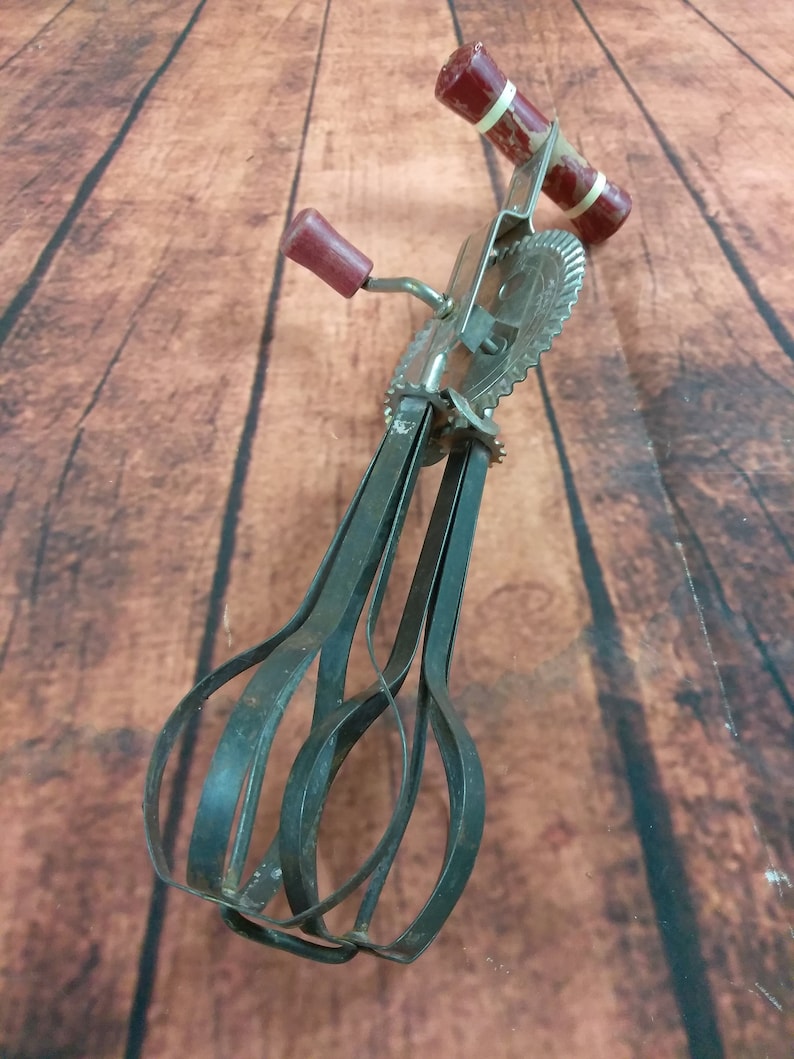 Vintage Hand Mixer//Red Wood Handles//Manual Metal Etsy
