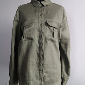 H&M Olive Green Oversized Collared Linen Shirt Size 38
