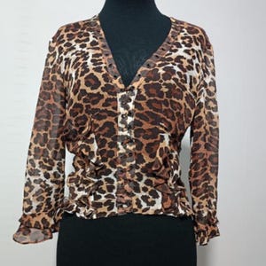Karen Millen Brown Leopard Print With Frills Silk Blouse Size S