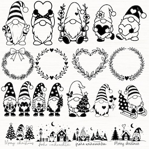 Puede incluir: Una colecci&oacute;n de ilustraciones digitales en blanco y negro con gnomos, coronas florales, marcos en forma de coraz&oacute;n y escenas invernales. Los dise&ntilde;os incluyen gnomos con varios accesorios, &aacute;rboles de Navidad y el texto Merry Christmas y Frohe Weihnachten.