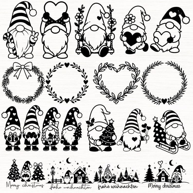 Puede incluir: Una colecci&oacute;n de ilustraciones digitales en blanco y negro con gnomos, coronas florales, marcos en forma de coraz&oacute;n y escenas invernales. Los dise&ntilde;os incluyen gnomos con varios accesorios, &aacute;rboles de Navidad y el texto Merry Christmas y Frohe Weihnachten.