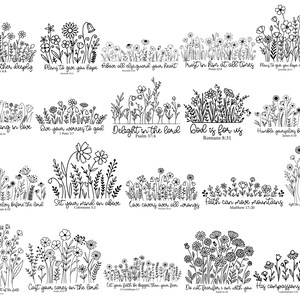 May include: Black and white line art illustrations of various floral arrangements with inspirational quotes. Each design features different flower types and accompanying text, such as "Love each other deeply" and "Do everything in love."