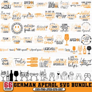 Könnte beinhalten: Ein digitales Design-Bundle mit 66 deutschen Aperol-Themen-SVG-Designs. Die Designs umfassen Sätze, Zitate und Illustrationen im Zusammenhang mit Aperol Spritz-Cocktails, ideal für Bastelprojekte.