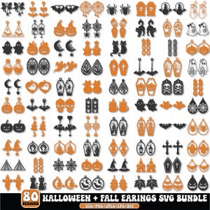 May include: A collection of 80 Halloween and fall themed earring designs in black and orange, featuring motifs like pumpkins, ghosts, bats, cats, skulls, spiderwebs, and coffins. The text reads 80 HALLOWEEN + FALL EARRINGS SVG BUNDLE.